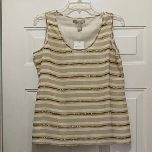 3/$15 NWT Banana Republic Nude & White Striped Size Med Petite Gold Beaded Top